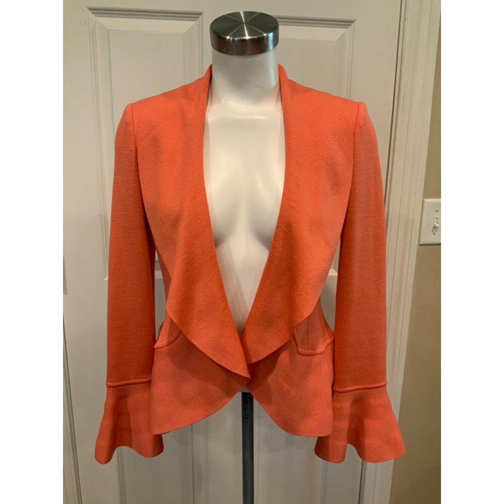 St. John Coral Pink Ruffle Knit Open Front Jacket, Size 2